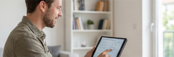 Mathelehrer unterrichtet Mathe-Einzelnachhilfe interaktiv am Tablet