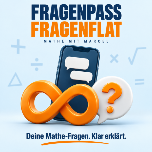 Fragenflat: Smartphone mit Sprechblasen, Fragezeichen und orangefarbenem Unendlichkeitszeichen.