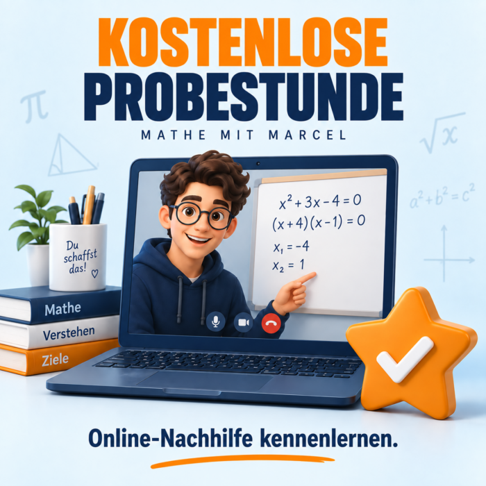 Eine KOSTENLOSE Probestunde 1 Kostenlose Probestunde: Online-Unterricht mit Matheaufgabe und orangefarbenem Stern.