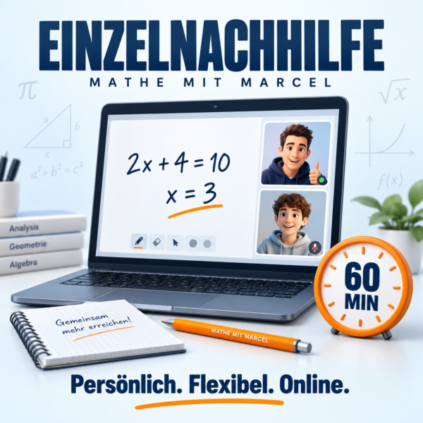 Einzelnachhilfe: Online-Unterricht mit Matheaufgabe auf einem Laptop und 60-Minuten-Uhr.