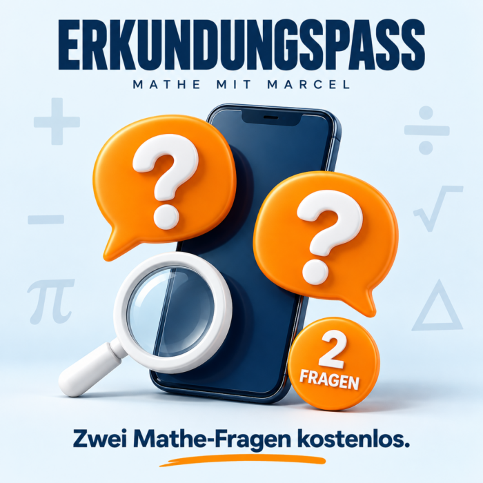 Erkundungspass (kostenfrei) 1 Erkundungspass: Smartphone, zwei Fragezeichen und Lupe für zwei kostenlose Mathe-Fragen.