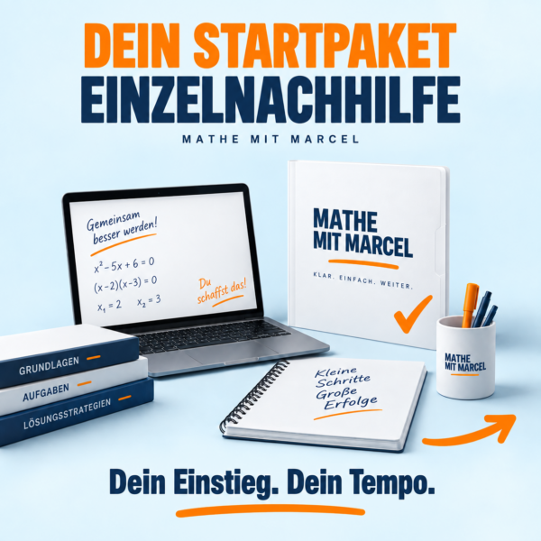 Neukundenpaket Einzelnachhilfe: Laptop mit Matheaufgabe, Lernmappe und Notizbuch.