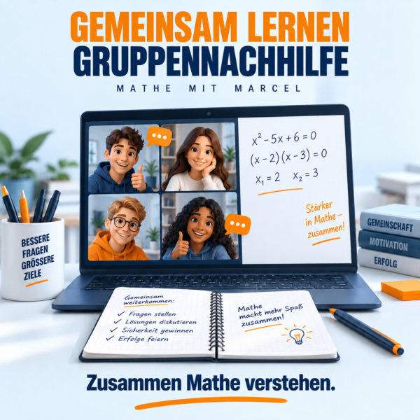 Gruppennachhilfe: Vier Lernende im Online-Unterricht mit Matheaufgabe und gemeinsamem Notizbuch.