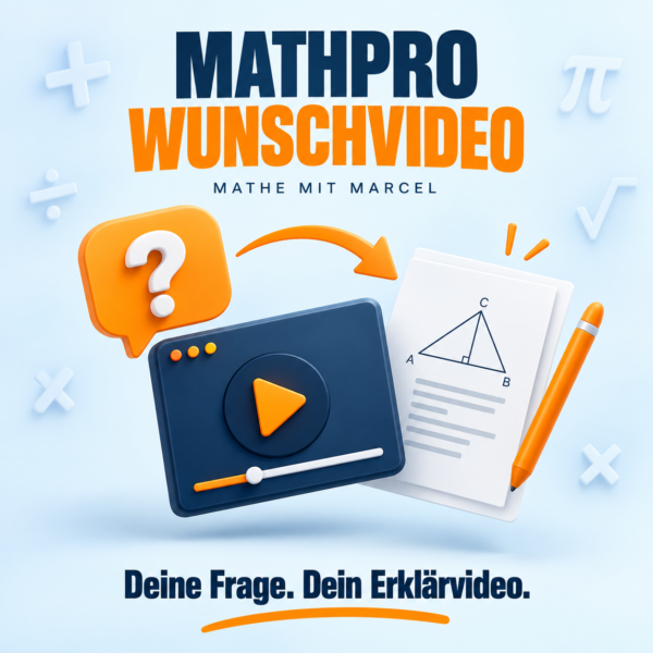 MathPro WunschVideo: Fragezeichen, Videoplayer und Skript mit orangefarbenem Stift.