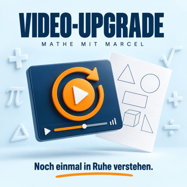 Video-Upgrade: Videoplayer mit orangefarbenem Wiedergabepfeil und Geometrieblatt.