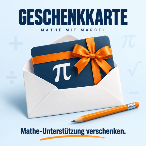 Geschenkkarte für Mathe-Unterstützung: blaue Karte mit orangefarbener Schleife im Umschlag.